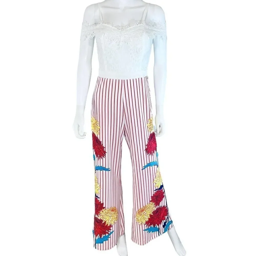 Chicways Floral Striped Cold Shoulder Jumpsuit